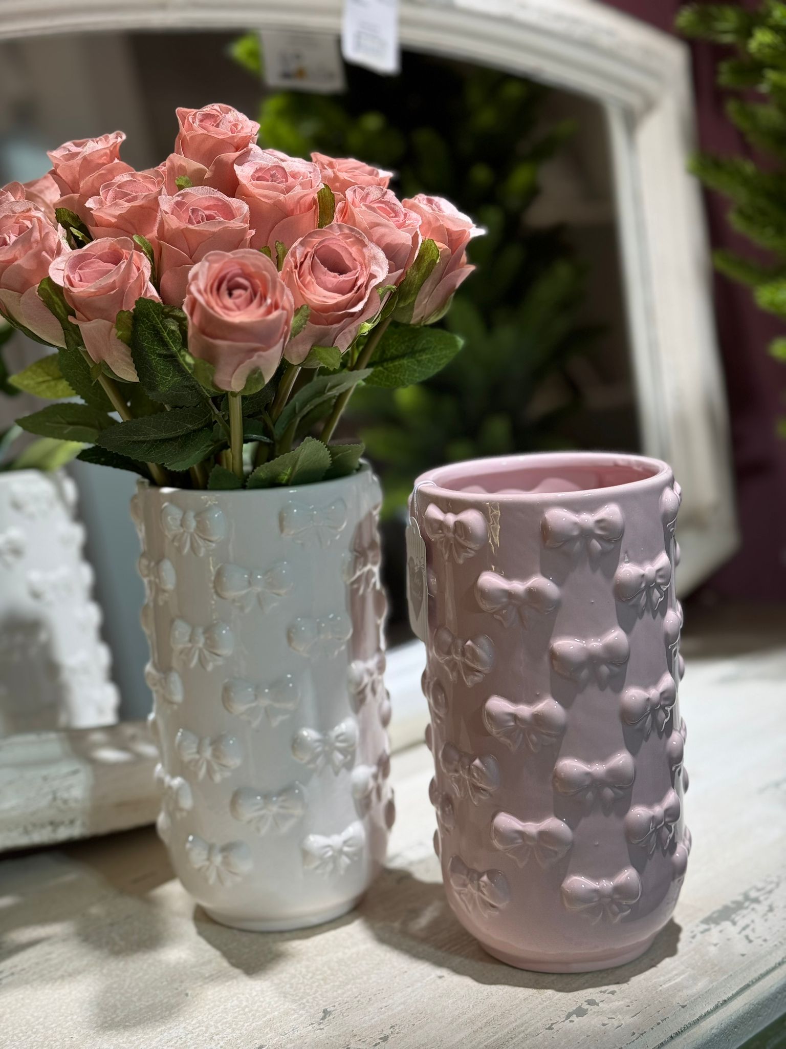 Vaso in ceramica con fiocchi Linea Ribbon - rosa/bianco - H20x11 cm - L